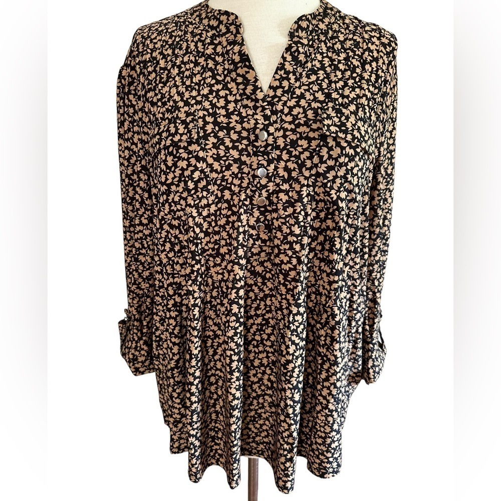 COCOMO XL Brown Black 3/4 sleeve women's Pintuck Blouse top shirt
